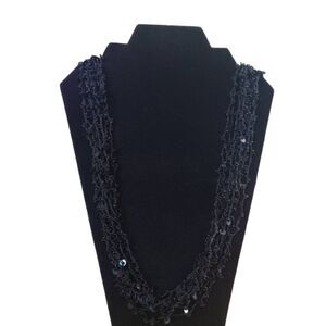 Black Sequins and Seed Beaded Adjustable Multi Strand Layered Statement Necklace